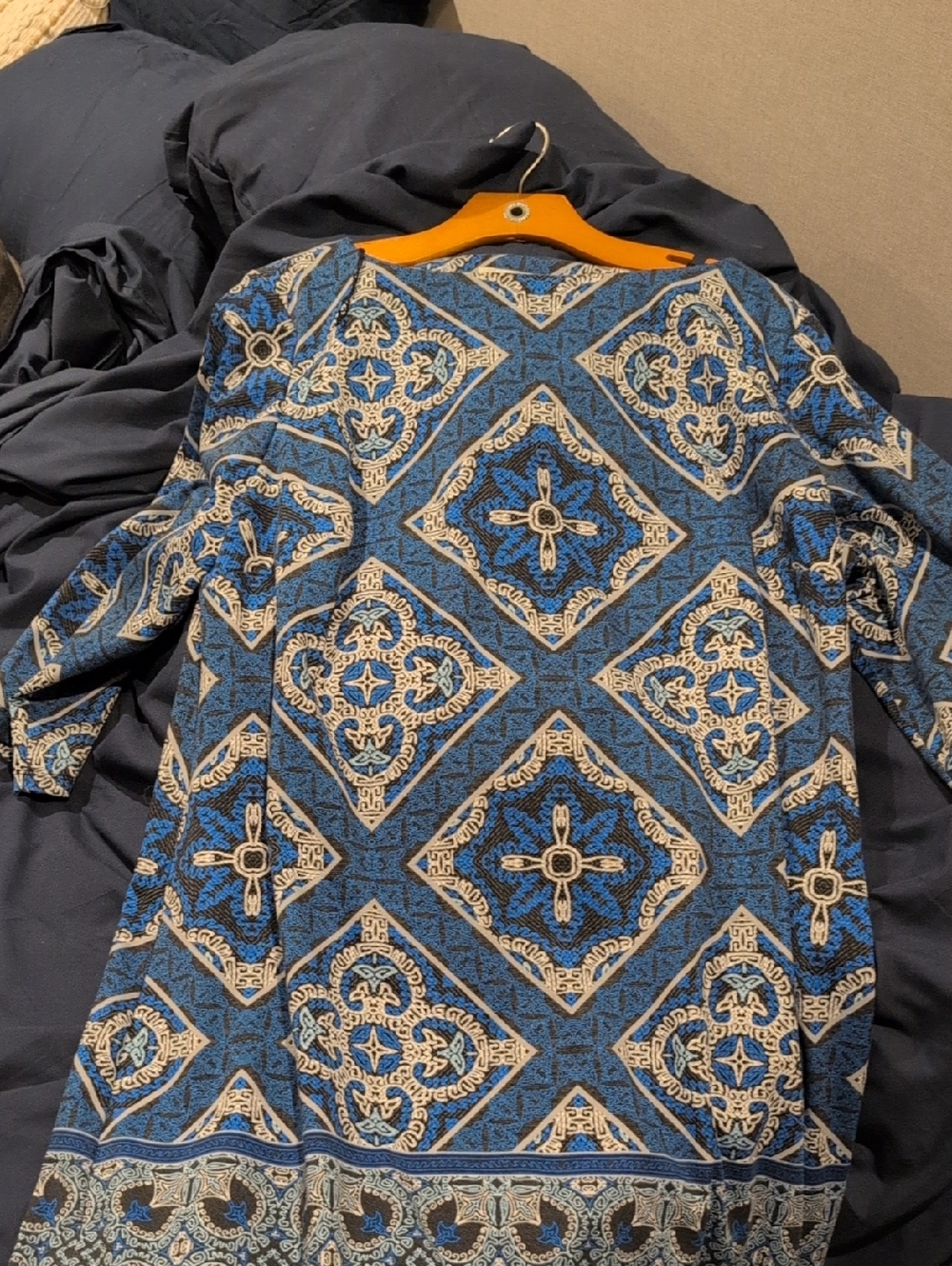 Blue Patterned Long Sleeve Dress
